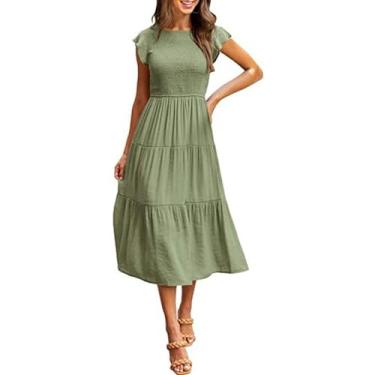 Imagem de Vestidos femininos túnica de verão com gola redonda vestido midi de manga curta vestido de cor sólida (Color : Green, 32-33, 3435, 36-37, 38-39, 40-41, 42-43, 44-45, 46-47 : Medium)