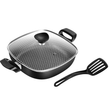 Imagem de Frigideira Quadrada Antiaderente 2 Alças Nº 23 Preto Masterflon Com Tampa Vidro Patolux