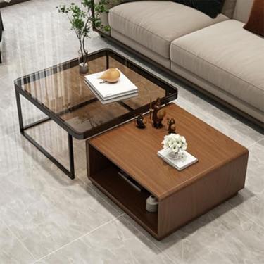 Imagem de Mesa de café, mesa de centro dobrável de madeira maciça, mesa de centro iluminada para sala de estar, sensor de corpo inteligente, grande armazenamento, para apartamento, nogueira clara, 60/50 cm