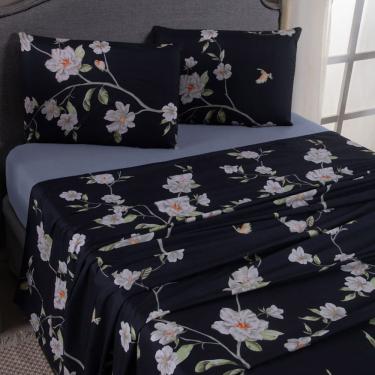 Imagem de Jogo De Lençol Mabele Queen 4 Peças Micro Percal 400 Fios Estampado Floral - Azul Marinho