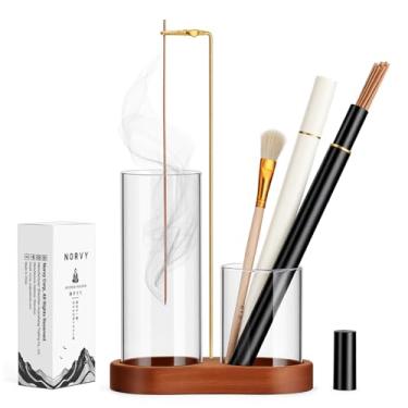 Imagem de Norvy Suporte de incenso 2 em 1 para queimador de palitos com armazenamento de cabeça para baixo, queimador de incenso de madeira com coletor de cinzas de vidro para meditação, ioga, spa, decoração de