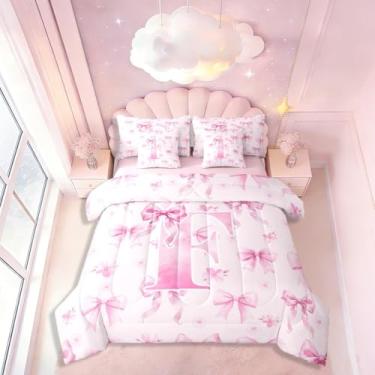 Imagem de Conjunto de cama casal com laço com letra F, com laço floral kawaii, rosa e sonhadora, inclui edredom, conjunto de lençóis, fronhas e fronhas, decoração de quarto com laço rosa