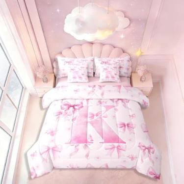 Imagem de Coquette Conjunto de cama casal com laço rosa, 7 peças, bonito com letra K, conjunto de cama com laço floral em aquarela, inclui edredom, conjunto de lençóis, fronhas e fronhas, decoração de quarto