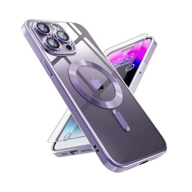 Imagem de SUCGLES Capa magnética transparente para iPhone 14 Pro Max, com proteção total da câmera + protetor de tela de vidro compatível com MagSafe, capa fina fina à prova de choque para Apple 14 Promax de 6,7 polegadas (roxo claro)