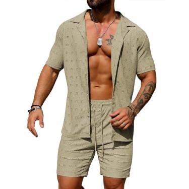 Imagem de URRU Conjunto masculino de 2 peças de verão para praia, transparente, manga curta, floral, renda, conjunto de camisetas e shorts, Caqui, P