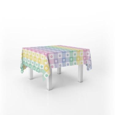 Imagem de Toalha De Mesa Quadrada Infantil Tecido Oxford Xadrez Colorido Flores 