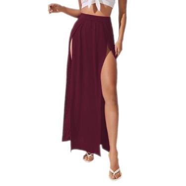 Imagem de Saia Longa com fendas laterias cós alto em Viscolycra Tribo Livre, Bor