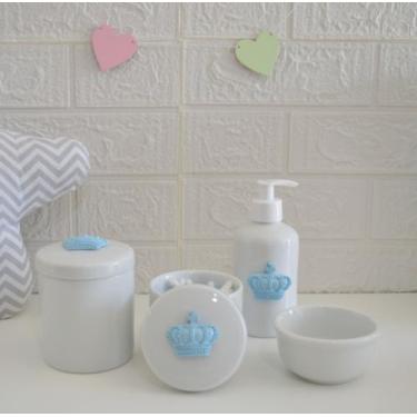 Imagem de Kit Higiene Bebê K016 Porcelana Azul Banho Cuidado Quarto Menino Decor