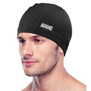 Imagem de Aegend Touca de natação de tecido, camada impermeável de silicone - touca de natação de tecido respirável, mantém o cabelo seco com alta elasticidade para adultos (preto, médio)