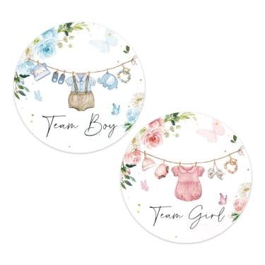 Imagem de JarThenaAMCS 100 peças de adesivo de papel revelador de gênero roupas de bebê decalque floral equipe menino ou menina rosa azul adesivo autoadesivo para chá de bebê cartão suprimentos de festa, 5 cm