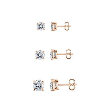 Imagem de 3 pares de brincos de zircônia cúbica folheados a ouro 14 K da Savlano vêm em 4 mm, 6 mm e 8 mm para mulheres, meninas e homens