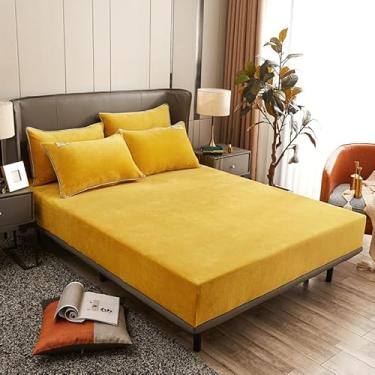 Imagem de Capa de colchão acolchoada de veludo leite, lençol com elástico grosso, macio, protetor de colchão respirável, para cama de solteiro, queen size, amarelo 200 x 220 cm