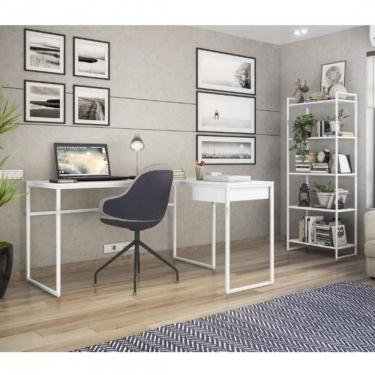 Imagem de Conjunto Home Office Com Mesa Em L 1 Gaveta E 1 Estante 5 Prateleiras Novabras Branco