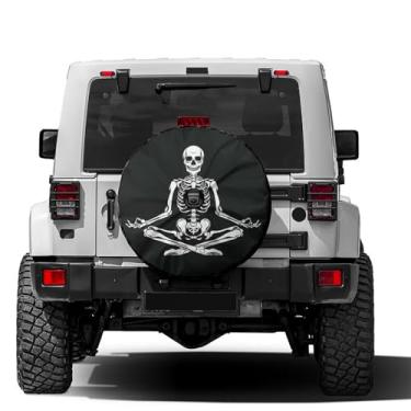 Imagem de Foruidea Capa de pneu sobressalente Skeleton Doing Yoga com orifício de câmera reserva para pneu de roda para trailer, trailer, SUV e muitos veículos de 45,7 cm