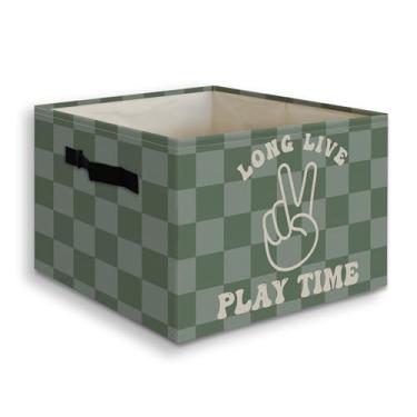 Imagem de JUIOEIU Long Live Play Time Caixa de armazenamento dobrável para meninos, com alças, retrô, verde, quadriculado, dobrável, organizador para quarto de crianças, meninos, quarto, banheiro, berçário