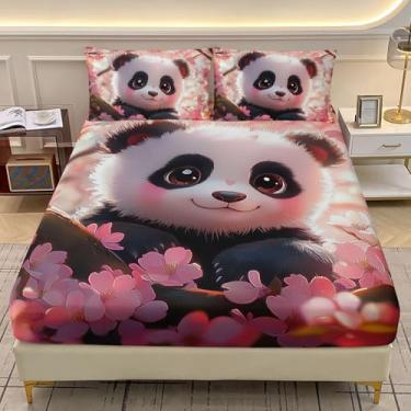 Imagem de AILONEN Jogo de lençol Queen com elástico kawaii, flor de cerejeira rosa, florescendo, floral, animal selvagem, decoração de quarto de adolescentes, 3 peças, 1 jogo de lençol e 2 fronhas