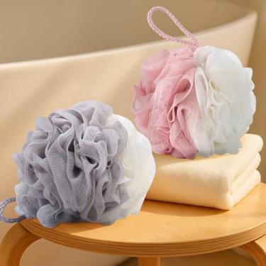 Imagem de Esponja de bucha de chuveiro, esponja de banho de bola de malha de 50 g, esfregão de banho macio para pufe para o corpo, bucha para mulheres tomando banho, 2 peças, cinza + rosa