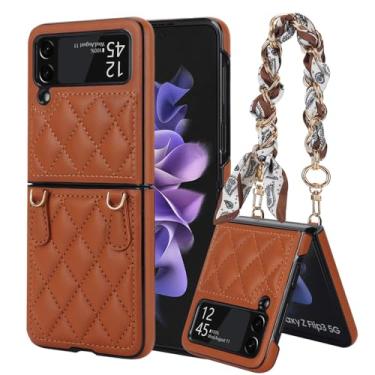 Imagem de Pulseira capa de couro para samsung galaxy z flip 4 3 5g flip4 flip3 lenço de seda corda alça de pulso capa fosca, marrom, para samsung z flip 3