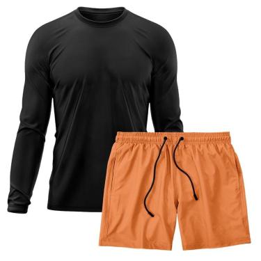 Imagem de Kit Short Praia Academia Passeio Treino Laranja + Manga Longa Masculina Segunda Pele Dry-Masculino