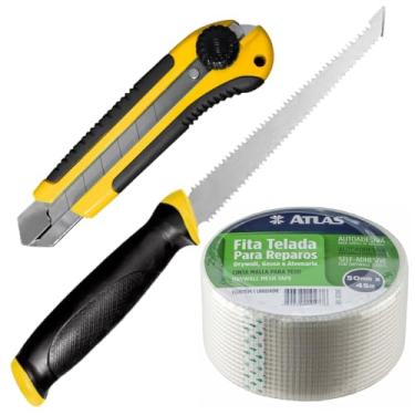Imagem de Serrote Para Gesso Drywall Lâmina Dupla 6" Pol + Fita Telada 50mm x 45m + Estilete 25mm Com Trava e Lâmina