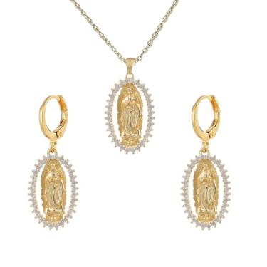 Imagem de DEYOUM Conjunto de colar de brincos de Virgem Maria para mulheres, banhado a ouro 14K, vintage, medalhão, medalhão, oração religiosa, católico, abençoado, cristão, presentes, Medium, Metal, Sem Pedra