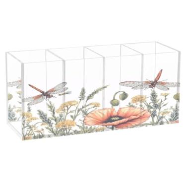 Imagem de Burbuja Porta-canetas de acrílico Flowers Dragonfly, 4 compartimentos, suporte de lápis transparente para pincéis de maquiagem, acessórios de mesa de escritório em casa