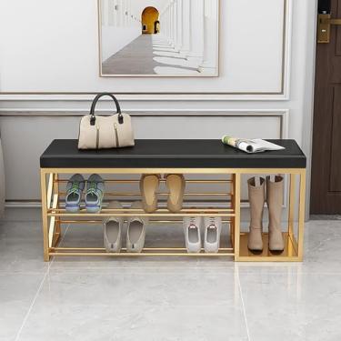 Imagem de Banco de sapateira de 2 níveis com armazenamento de botas, banco de entrada moderno banco de armazenamento de sapatos de metal, banco de sapato estofado de couro, organizador de sapatos (tamanho: 60 x