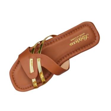 Imagem de Sandálias femininas de praia com fivela de metal, chinelos confortáveis para primavera, Marrom, 35