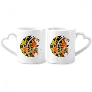 Imagem de Conjunto de canecas de porcelana para casais, estampa de flores geométricas de folha de bordo, coração e coração