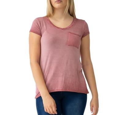 Imagem de Cable & Gauge Vestuário feminino gola V pigmento tingido e lavagem a óleo bolso camiseta com bainha Hi-Low, Cereja preta Merlot, GG