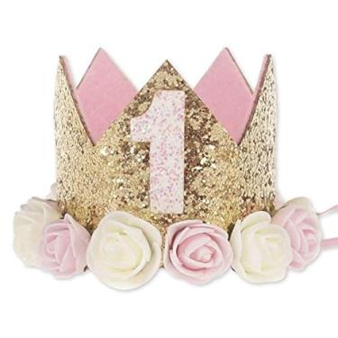 Imagem de Coroa de primeiro aniversário para bebês meninos, decoração de sol número 1 faixa de cabeça para aniversário de princesa, chapéu dourado brilhante, decoração de primeiro aniversário, coroa de tiara, bolo, suporte para foto, 01 1st Pink Crown
