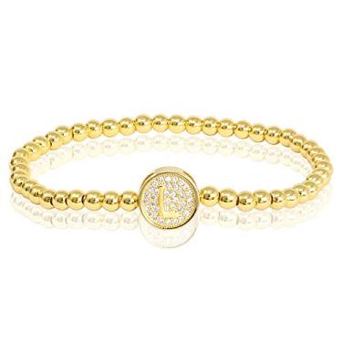 Imagem de by you Pulseiras femininas com inicial de 26 letras, berloque redondo, aço inoxidável, ouro, prata, contas, Small, Strass, Strass