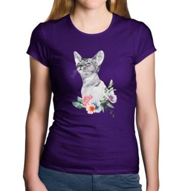 Imagem de Baby Look Algodão Gato e Flores - Foca na Moda, Roxo, GGG