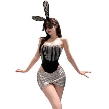 Imagem de SENJIY Vestido de lingerie sexy para mulheres, fantasia, anime, cosplay, cheongsam, prata, lantejoulas, franja, roupa íntima, roupa íntima transparente, Babydoll recortado, body, minissaia, dança