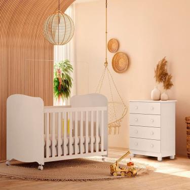 Imagem de Berço Americano e Cômoda Infantil Duda Plus com 4 Gavetas em MDF 132.5cm Branco Móveis Peroba