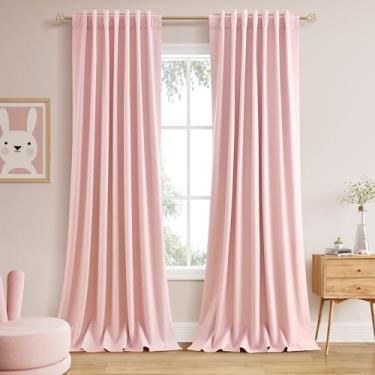 Imagem de Cortinas de janela rosa totalmente pretas com painéis de 260 cm de comprimento, conjunto de 2 painéis para sala de estar, cortina blackout longa texturizada de algodão com suporte cortinas com