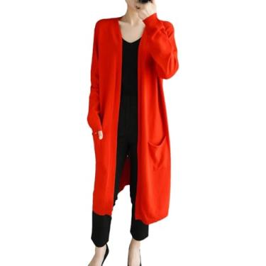 Imagem de Cardigans De Caxemira Feminino Sólido Outono Inverno Casual Longo Casaco De Malha Com Decote Em V, Red, XL