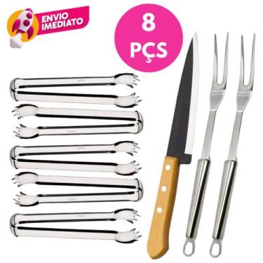 Imagem de Kit Churrasco 08 Pç 02 Garfo Trinchante Inox E 05 Pegador Carne E 01 F