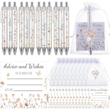 Imagem de Chuangdi 50 conjuntos de lembrancinhas de chá de bebê, presentes para convidados, inclui 50 canetas esferográficas, cartões de agradecimento e bolsas de organza (bebê em flor)