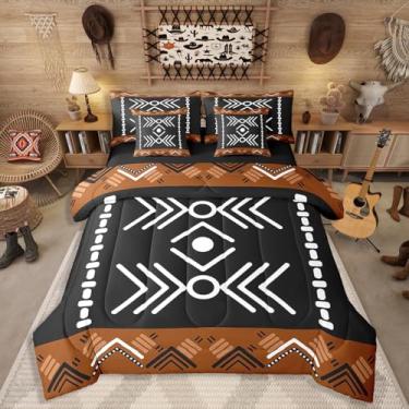 Imagem de Jogo de lençol solteiro asteca ocidental, 7 peças, nativo americano, navajo, para meninos e adolescentes, geométrico, étnico americano, nativo americano, decoração rústica de fazenda, preto e marrom