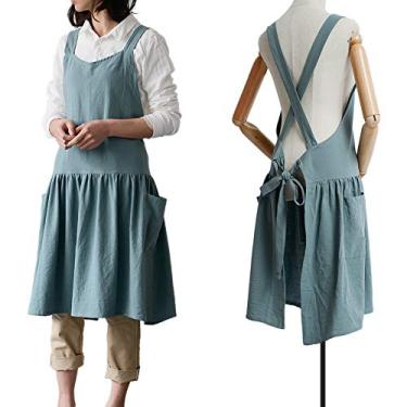 Imagem de Avental de algodão e linho cruzado nas costas para mulheres com bolsos, lindo vestido pinafore estilo japonês coreano para cozinhar pintura e limpeza de jardinagem, Turquoise with Waist Ties