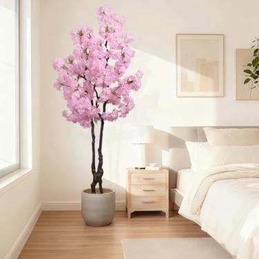 Imagem de DRACIT Árvore de cerejeira rosa artificial com 1,82 m de altura, planta sintética, decoração de interiores, árvore Sakura japonesa feita à mão para casamento, planta de cerejeira realista em vaso para