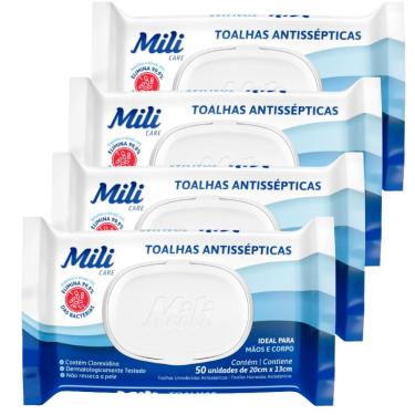Imagem de Lenço Umedecido ou Toalhas Antissépticas Mili  4 pacotes c/ 50 (total: 200 toalhas)