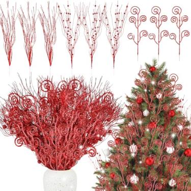 Imagem de VAIPI 54 palhetas de árvore de Natal 43 cm + 30 cm com glitter artificial para decoração de árvore de Natal, enfeites de árvore de Natal em forma de doce vermelho, palitos encaracolados, galhos para