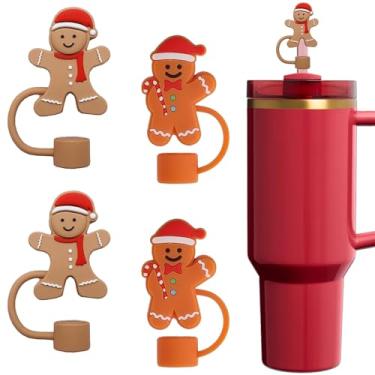 Imagem de Amreich Topos de palha de Natal com design de homem de gengibre 3D - 4 peças de capas de palha de silicone reutilizáveis para canudos de 10 mm, acessórios para copos de Natal e enchimentos de meia