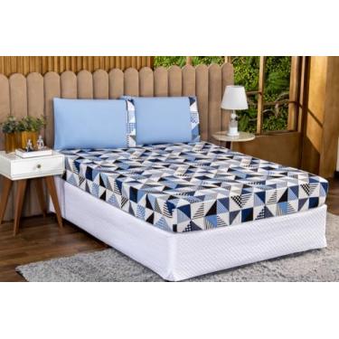 Imagem de Kit de Lençol Casal Padrão 3 Peças Percal 180 Fios 90% Algodão – Conforto, Força e Estilo Moderno (GEOMETRICO AZUL)