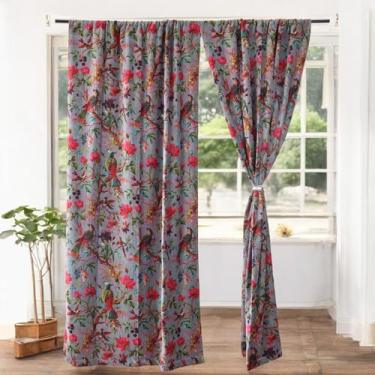 Imagem de Anati Decor Cortina de veludo de algodão - Design paraíso de pássaro impresso à mão, tratamento de janela artesanal para decoração de sala de estar, quarto e escritório (painel único) (cinza, 96