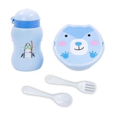 Imagem de Pote Marmita Infantil com Divisória, Azul, Porta Lanche Escolar com Design de Urso, Inclui Talheres, Recipiente para Alimentos com Tampa