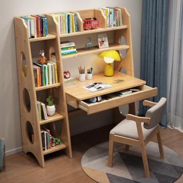Imagem de Mesa infantil com gavetas e estante de livros, mesa de mídia infantil de madeira maciça, estação de trabalho de computador e mesa de escrita com escada, cor de madeira, 110 cm
