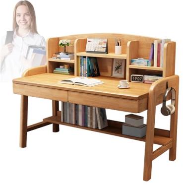 Imagem de Mesa de madeira Soild para computador com cabana, mesa de trabalho de escritório em casa com prateleiras de gaveta, mesa de estudo de escritório em casa, mesa de estudo para espaço pequeno, laptop